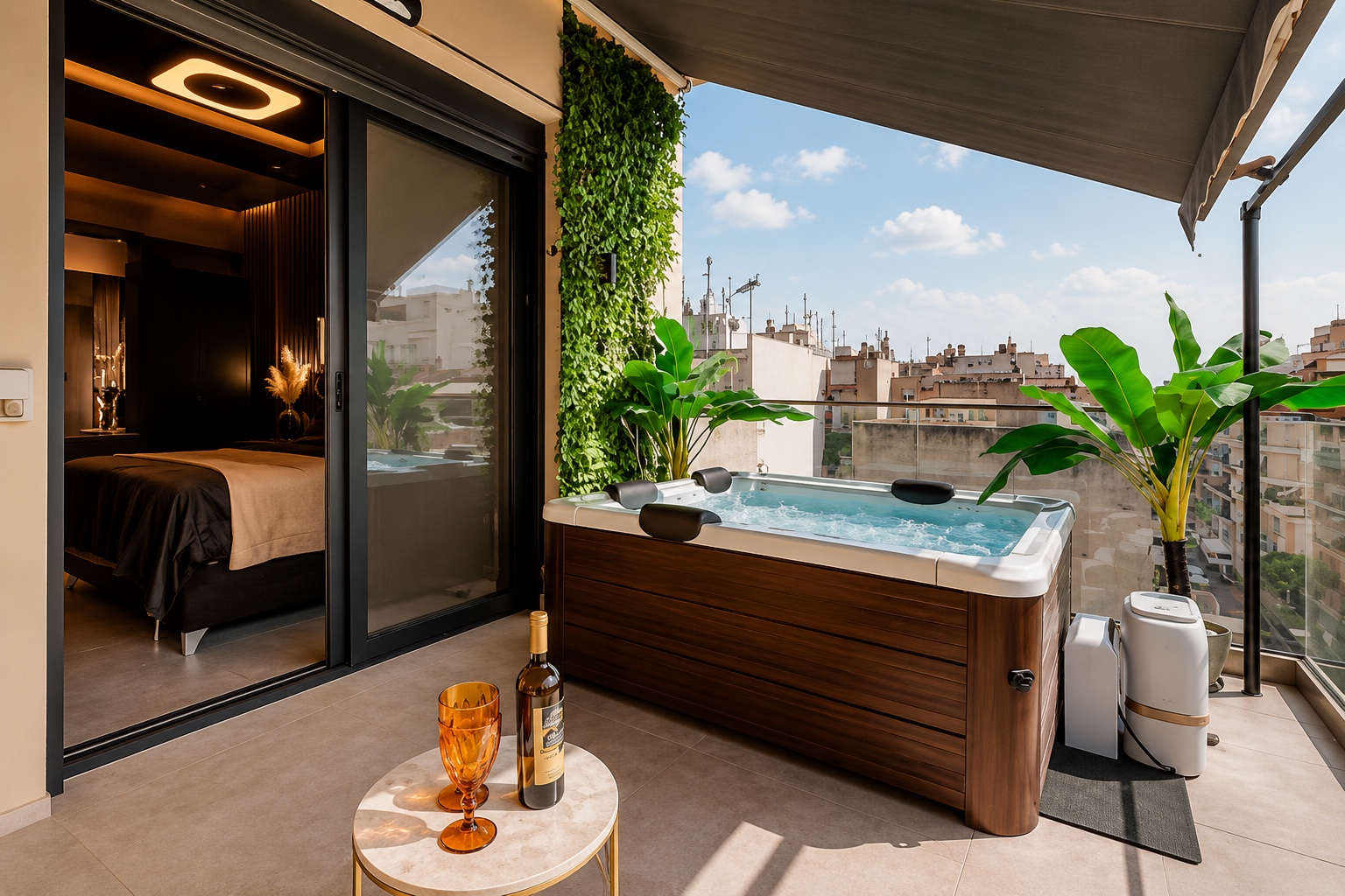 Ιδιωτικό rooftop jacuzzi δίπλα στο king υπνοδωμάτιο με ανοιχτή θέα στην Αθήνα.