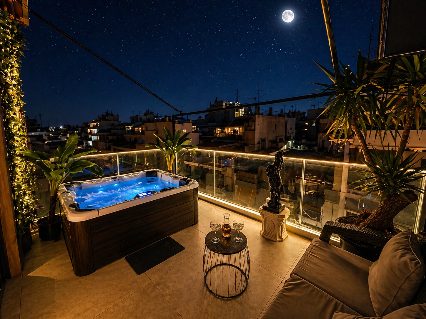 Φωτισμένο rooftop jacuzzi και βεράντα πάνω από την Αθήνα τη νύχτα.